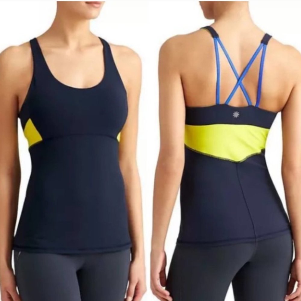 Athleta Start-Up Tank Top Navy Neon Yellow (625) 🧘🐞